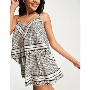 NWOT River‎ Island Womens Monogram Layered Plunge Beach Romper Size Small Beige